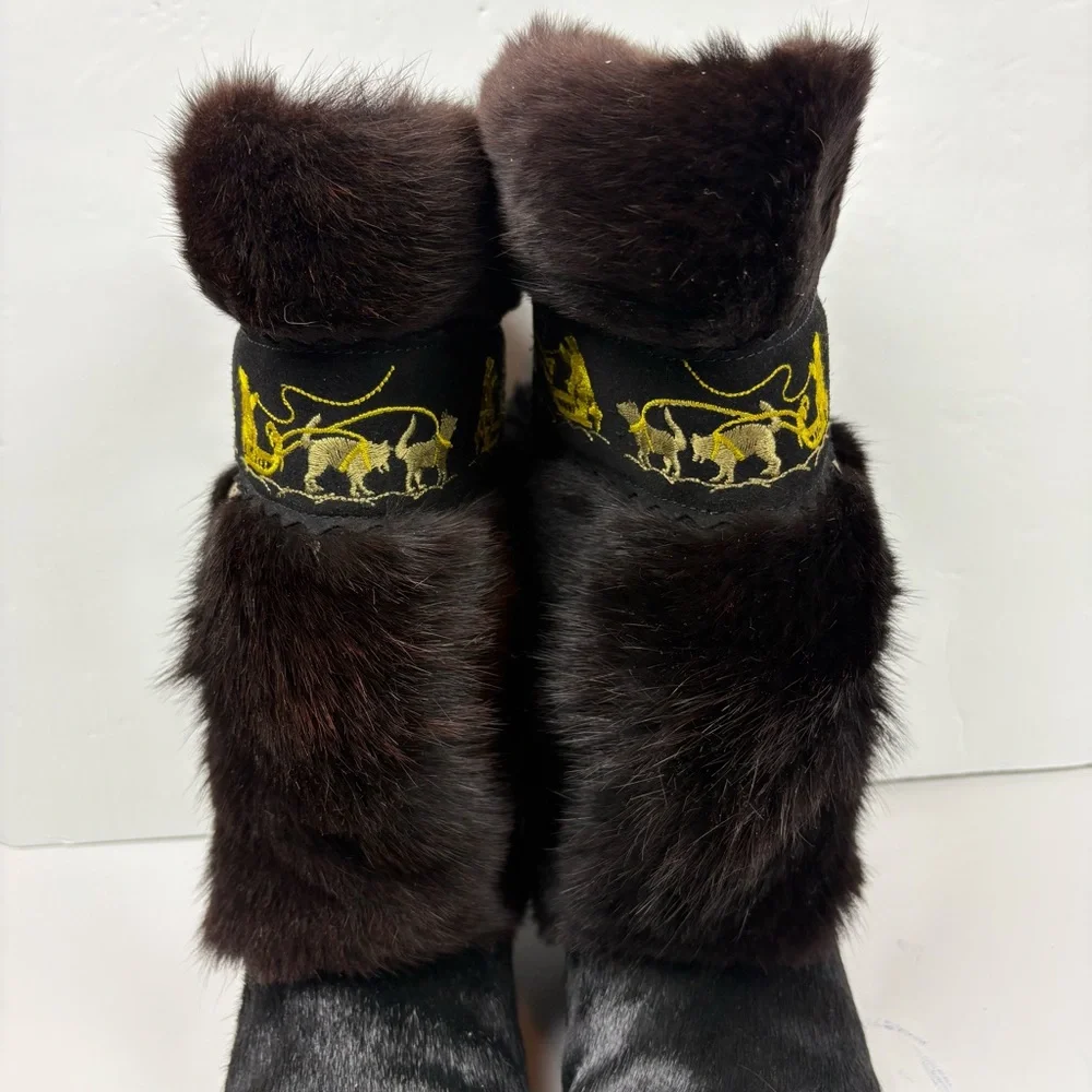 Vintage Oscar Sport Elisa Winna Black Fur Winter Snow Boots Gold Dogsleds 40